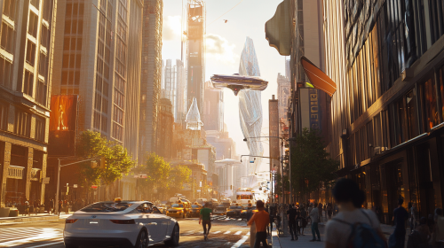 Bright future city with robots, people, clean energy.