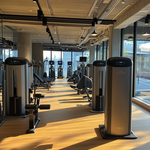 Bright gym with various equipment for aerobic and muscle exercises.