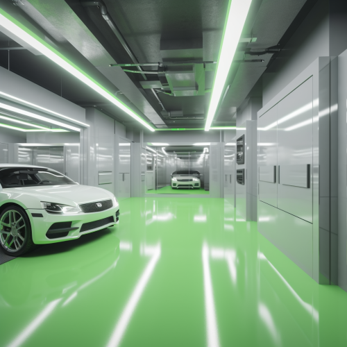 Bright high-tech garage with green LED spotlights