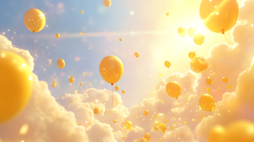 Bright sky with yellow balloons and playful clouds