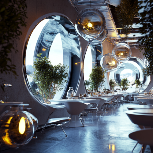 Bright space style restaurant interior with plants and bacteria. Bright space style restaurant interior with plants and bacteria.