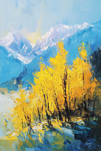 Bright yellow trees on Himalayan mountain, sunlight from upper left. Bright yellow trees on Himalayan mountain, sunlight from upper left.
