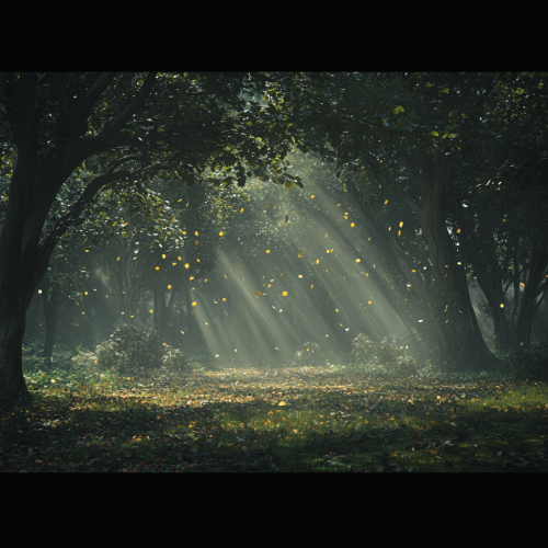 Brightly lit forest with giant trees, windy cinematic shot.