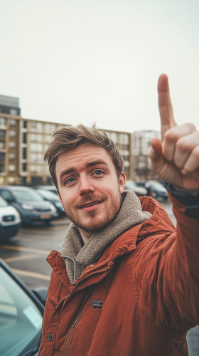 British man taking selfie with car in background.