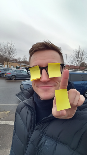 British man with post-it notes on glasses, car background.