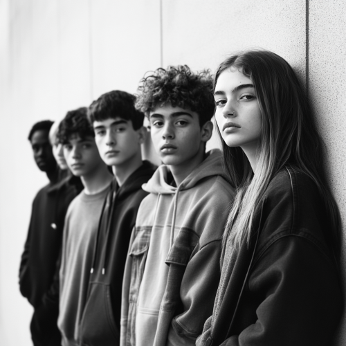 British teenagers standing against wall in black & white