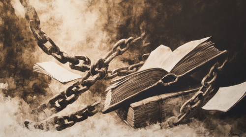 Broken chains on ancient books with pages flying