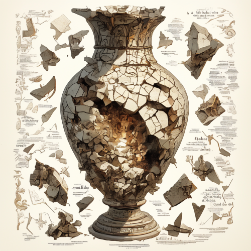 Broken pottery pieces fly away from old amphora Broken pottery pieces fly away from old amphora