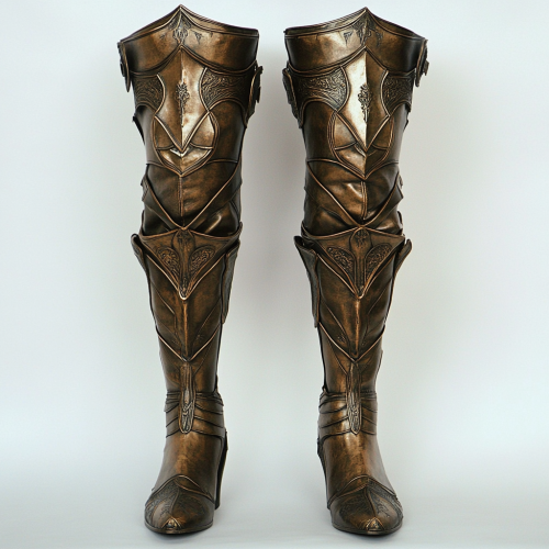 Bronze armor thigh high boots with toe protection.