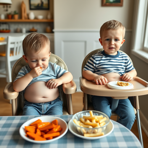 Brothers Eating and Growing Bellies at Dinner Table