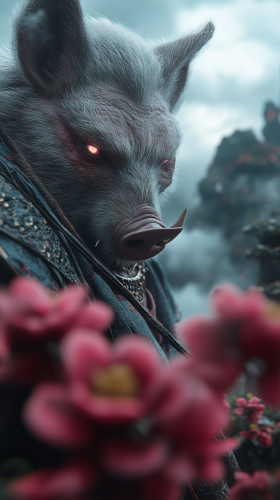 Buddhist Boar Man in Flowered DnD Mountains