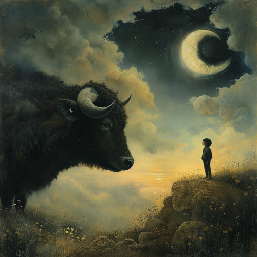 Bull Crying Wolf in Meadow Stock Photo