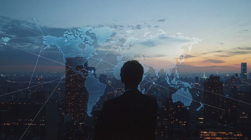 Business executive overlooking city skyline at dawn