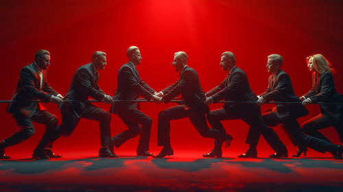 Business people in suits playing tug of war