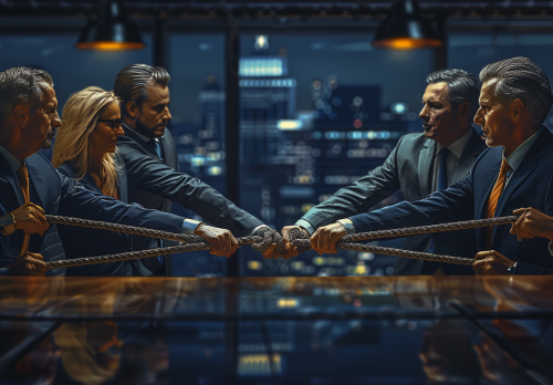 Business people play tug-of-war in modern office