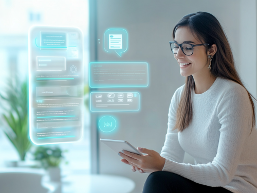 Business professional engaging with AI chatbot on modern screen.