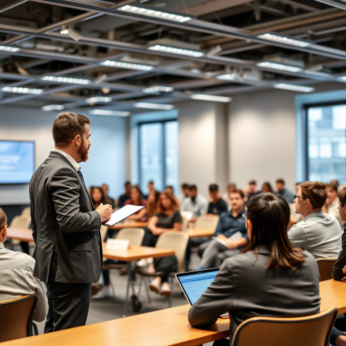 Businessman gives seminar to university students in classroom.