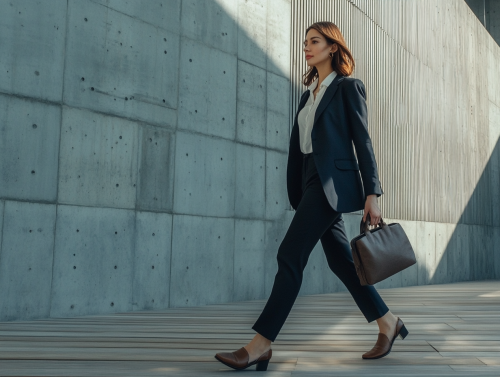 Businesswoman in blue suit walking outside office building. Businesswoman in blue suit walking outside office building.