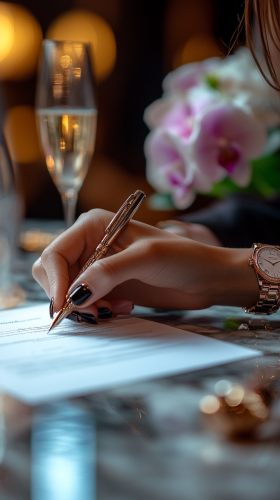Businesswoman signing contract at luxurious marble desk