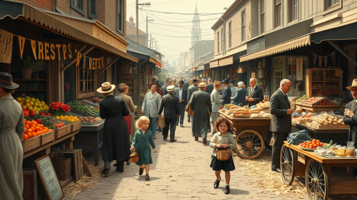 Bustling 1920s Marketplace with Vendors and Customers