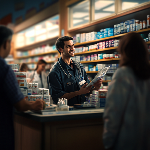 Busy Pharmacy Technician Assists Customers Amid Shelves.