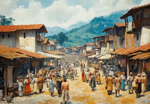 Busy Viking Market Square in Rundown Brazil: Illustration