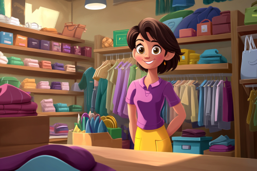 Busy cartoon character at clothing store with clients