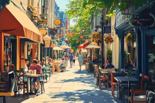 Busy street with shops and restaurants, vibrant atmosphere