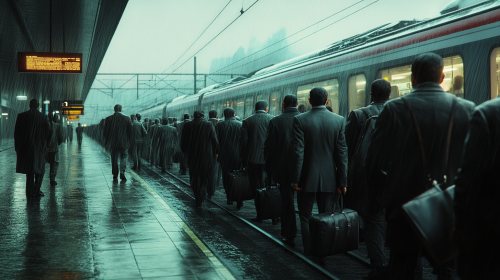 Busy workers wait for train under rainy sky