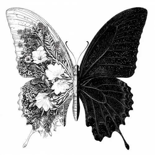 Butterfly silhouette with flower wing laser engraved illustration