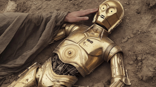 C3PO repaired by mysterious figure in desert landscape. C3PO repaired by mysterious figure in desert landscape.