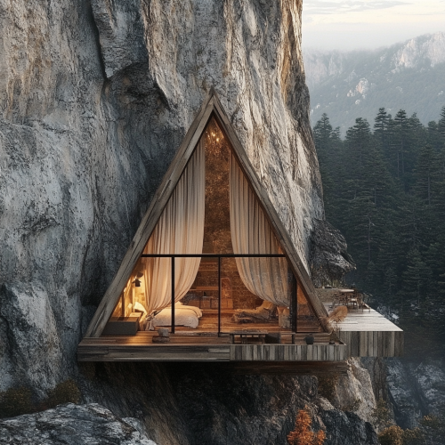 Cabin on angle, built in mountainside, window curtain faces up.