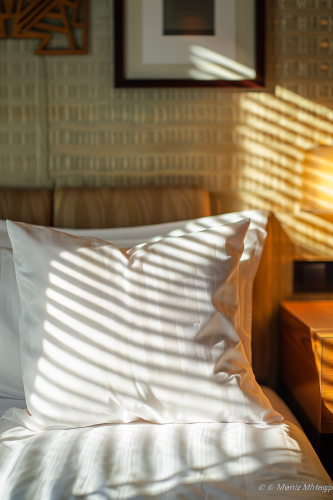 Calm Bed with Pillow, Nightstand, Blurred Frame View