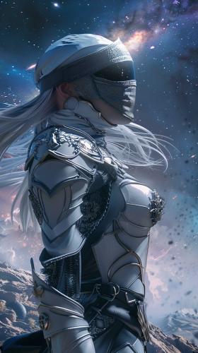 Calm and confident Destiny on cliff edge, blindfolded. Silver armor, cosmic sky.