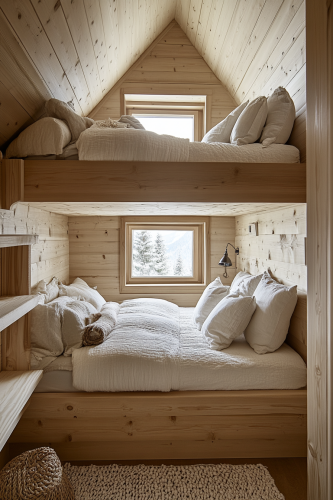 Calm and tidy cabin bedroom with serene atmosphere. Calm and tidy cabin bedroom with serene atmosphere.