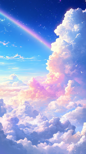 Calm sky with pastel rainbow and soft clouds