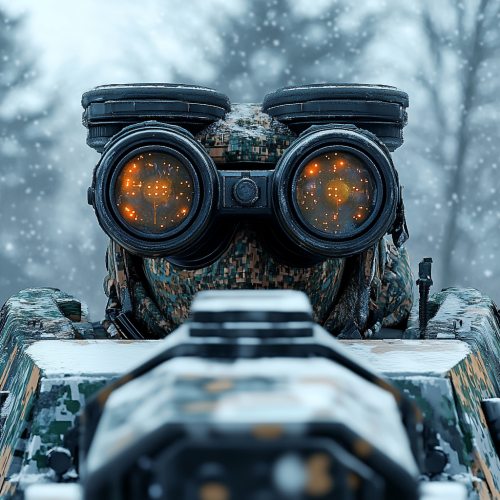 Camouflaged cyborg tank commander looks through binoculars
