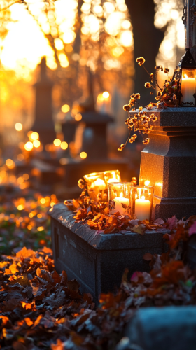 Candles glow at grave in peaceful dusk scene
