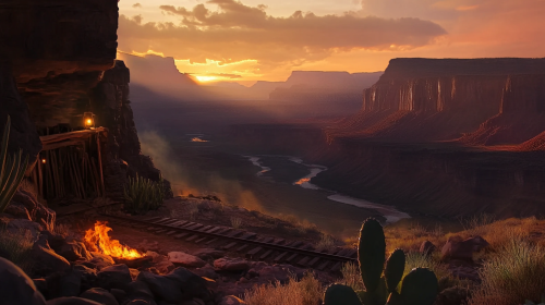 Canyon side with valley, river, mountains, mine entrance..toJSON()