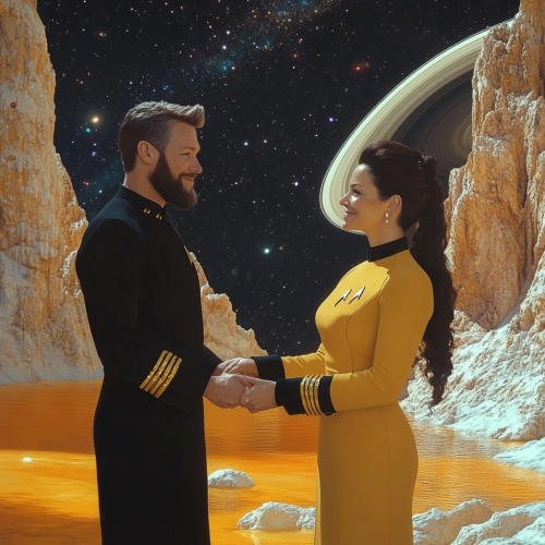 Captain Riker and Deanna Troi embrace by lake.