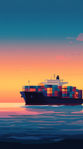 Cargo ship with colorful containers sailing at sunset.