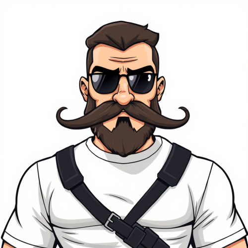Cartoon bodyguard with beard and mustache wearing white t-shirt