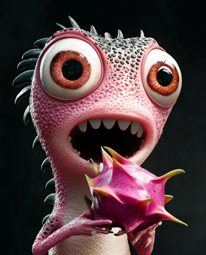 Cartoon capybara eats dragon fruit on black background