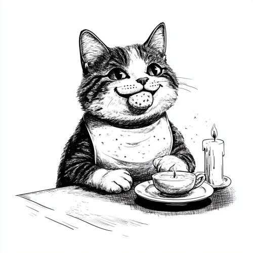 Cartoon cat enjoying noodles in fancy restaurant