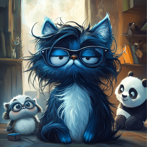 Cartoon cat with blue fur, shaved left side. Sloth, panda cub in background, playful theme. Cartoon cat with blue fur, shaved left side. Sloth, panda cub in background, playful theme.