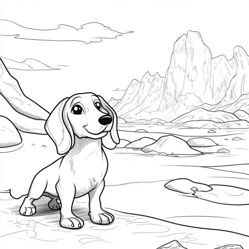 Cartoon dachshund, north pole, black and white, simple.