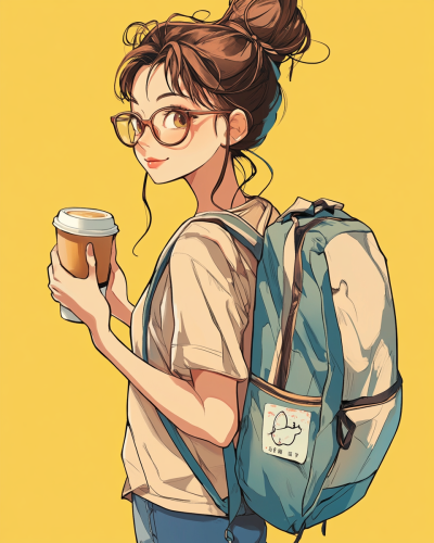 Cartoon girl with glasses, ponytail, drinking milk tea.