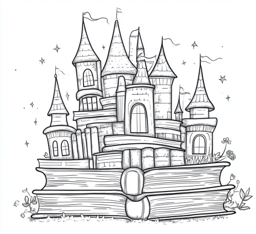 Cartoon style coloring page of fantasy castle from books.