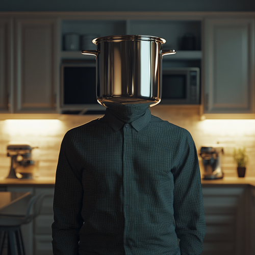 Casual person with pot for a head in kitchen.