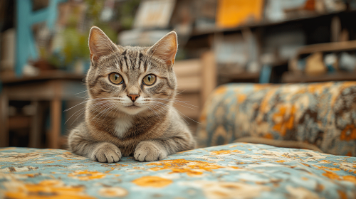 Cat plays with torn fabric as master creates.